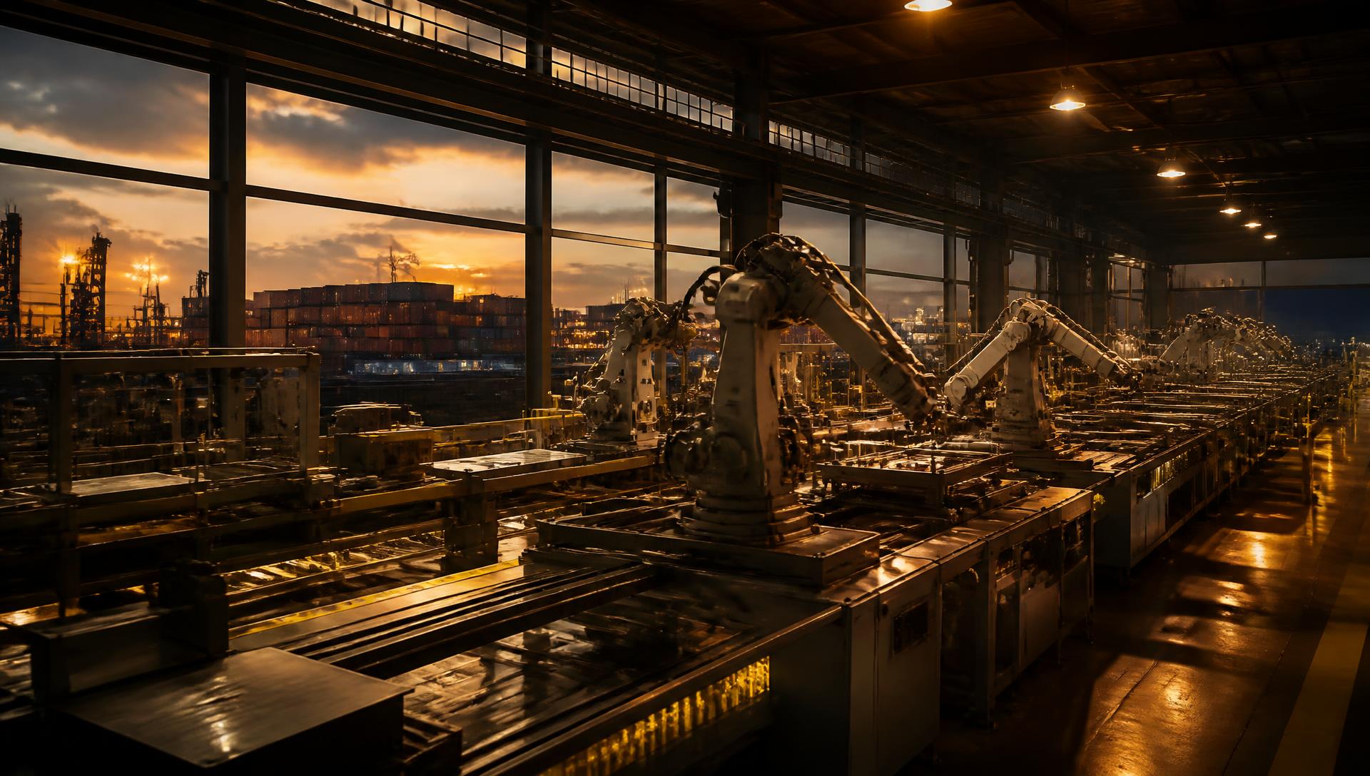 Modern Chinese manufacturing factory floor at dusk